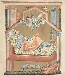 Das Bett als Ort des Schlafens; vom  Meister des Perikopenbuches Heinrichs II. Der Traum Josefs, vor 1014