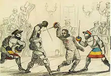 Drawing of student fencing in the Aumühle near Würzburg, Corps Moenania (left) vs. Landsmannschaft Makaria (right)