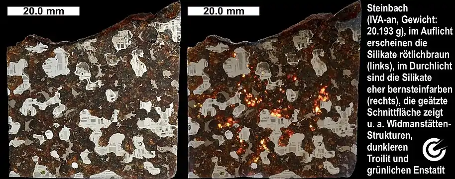 Meteorit Steinbach (IVA-an), im Auflicht erscheinen die Silikate (Pyroxene) rötlichbraun (links), im Durchlicht erscheinen sie bernsteinfarben (rechts), die geätzte Schnittfläche zeigt u. a. nickelhaltiges Eisen (Kamacit, Taenit) mit Widmanstätten-Strukturen, dunkleren Troilit und körnigem, grünlichen Enstatit (links unten).