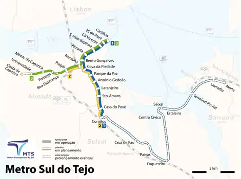 Liniennetz der Metro Sul do Tejo