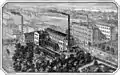 Fabrik und Warenhaus, links die Brücke über die Weiße Elster im Zuge der späteren Ernst-Mey-Straße (um 1883)