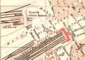 Stadtplan 1893: Hauptgüterbahnhof (oben) und Hauptbahnhof