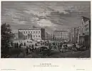 Neues Museum (Bildmitte), Erste Leipziger Bürgerschule (mittig im Hintergrund) und Augusteum mit Universitätskirche (rechts) (1860)