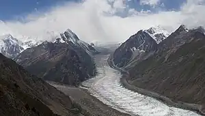 Einmündung des Sumayar-Bar-Gletschers (links) in den Barpugletscher