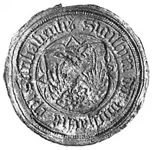 Amts-Siegel Michaels von Rentelen als Titularbischof, 1472, auch eine Rose enthaltend, zwischen einem Flug; möglicherweise Helmzier-Siegel