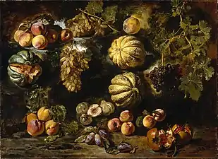 Kleines Stillleben mit Melonen, Pfirsichen, Trauben, Feigen und Granatapfel, Öl auf Leinwand, 94,6 × 128,3 cm, Museum of Fine Arts, Houston