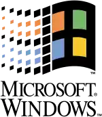 Das alte Windows-Logo als stilisiertes Fenster mit Fensterkreuz und sehr dicken Linien, die Butzenscheiben in Rot, Grün, Blau und Gelb flächig gestaltet, der linke Rand sich mosaikartig auflösend und die ganze Grafik in wehend-geschwungenen Querlinien gestaltet; darunter übereinander die Schriftzüge „Microsoft (R)“ und „Windows (TM)“ in serifenbetonter Schrift (Kapitälchen-Stil)