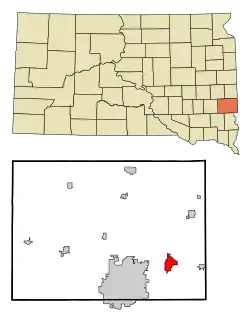 Lage von Brandon im Minnehaha County (unten) und in South Dakota (oben)