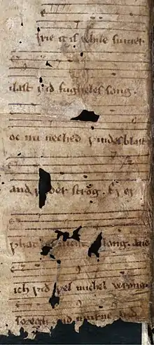 Detailfoto einer Pergamentseite mit Notation und Liedtext