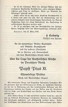 Erste Seite der Enzyklika „Mit brennender Sorge“, Ausgabe aus dem Bistum Speyer, mit einem Vorsatz von Bischof Ludwig Sebastian, gedruckt in der Jäger`schen Druckerei Speyer, die deshalb enteignet wurde