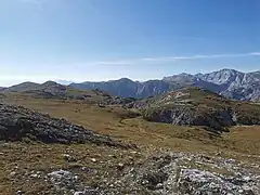 Karstformationen auf der Mitteralm, im Hintergrund links die Karlalm (Karlhochkogel), rechts der Hochschwab
