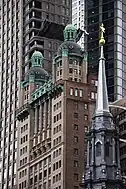Park Row Building mit 25 Park Row (hinten links),5 Beekman (hinten rechts),und St. Paul’s Chapel (vorn)