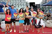 Siegerfoto nach den Weltmeisterschaften 2012 in Riccione mit Christian Lamred und Nadine Klos auf dem Bronzerang (rechts)