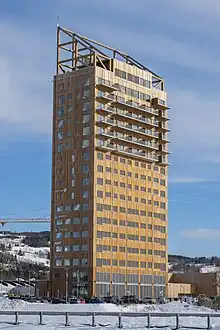 Foto eines hölzernen Hochhauses