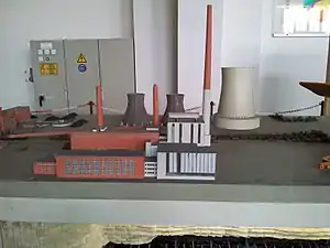 Modell der ehemaligen Kraftwerke im Bergbaumuseum Ibbenbüren. Rechts der Block A, links das Ballastkraftwerk.