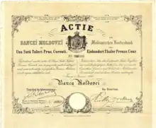 Aktie der Moldauischen Landesbank über 100 Thaler, ausgegeben am 1. Januar 1867 in Jassy. Gegründet 1856 als Moldauische Nationalbank von der Dessauer Creditanstalt und Berliner Financiers, 1860 umbenannt.