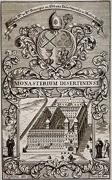 Kloster Disentis. vor 1702, Kupferstich aus der Festschrift “Idea Sacrae Congregationis Helveto-Benedictine 1702”. Links Sigisbert, rechts Placidus