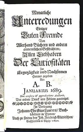 Titelblatt von Band 1 der Monatlichen Unterredungen (2. Auflage 1690)