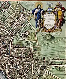 Das Bild zeigt einen Ausschnitt aus einem Stadtplan von 1657, auf dem ein vor den Toren der Stadt liegender Hügel mit Mont de Parnasse ou de la Fronde bezeichnet wird. Auf und um den Hügel sind Menschengestalten zu erkennen, die möglicherweise Fackeln oder ähnliches in den Händen halten.
