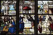Anbetung der Heiligen Drei Könige, Beschneidung Jesu, Präsentation im Tempel, im Hintergrund Flucht nach Ägypten