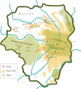 Lagekarte des Plateau du Limousin im nordwestlichen Zentralmassiv
