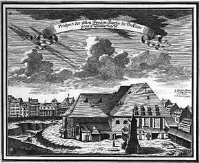 Nordansicht der alten Frauenkirche während des Abrisses 1728