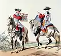 Musiker der Musketiere 1724: links Hoboist der 2. Kompanie, rechts Trommler der 1. Kompanie (Darstellung des 19. Jhs.)