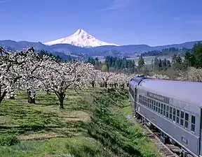 Ein Zug der Mount Hood Railroad mit Mount Hood im Hintergrund