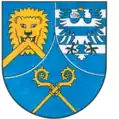 Wappen der Abtei Münsterschwarzach mit zwei Krummstäben als Hinweis auf die beiden Klöster, aus denen Münsterschwarzach hervorgegangen ist.