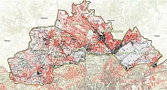 Die nördliche Peripherie Neapels; rot: ab 1960 erbaut; schwarz: bis 1960 erbaut