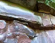 Aufgeschlossene Felswand (Mittlerer Buntsandstein, sm2) am Riesenstein mit horizontalen Schichtlagen