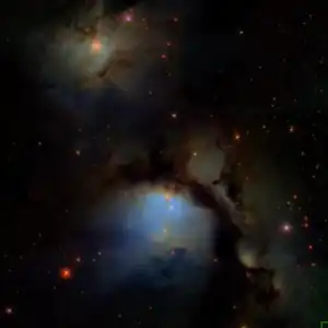 NGC 2071 (o.), NGC 2064 (r.u.), NGC 2068 (m.)