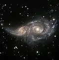 Bilder zweier gravitativ interagierender Spiralgalaxien aufgenommen mit dem EFOSC2 am ESO-3,6-m-Teleskop. Credit: ESO