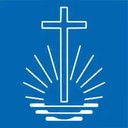 Logo der NAK: weißes Kirchenemblem auf hellblauem Hintergrund