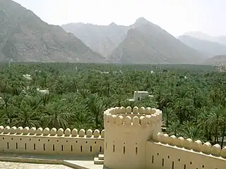 Das Fort von Nakhl in einer Dattelpalmoase, die bis an die Flanken des Hadschar heranreicht