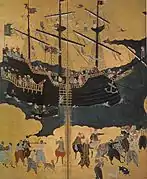 Stellschirm mit portugiesischem Schiff in Japan (Ausschnitt)
