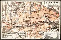 Sarajevo um 1905 mit Linienführung der Ostbahn durch den Vorort Bistrik im Süden der Stadt.