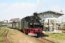 99 1574 der Döll­nitz­bahn im Bahn­hof Oschatz