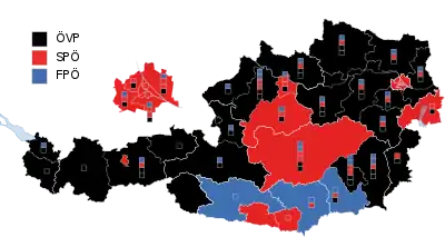 Stärkste Partei auf Ebene der Regionalwahlkreise (mit Wahlkarten)Die Kästchen zeigen im ersten Ermittlungsverfahren gewonnene Mandate (Grundmandate) an