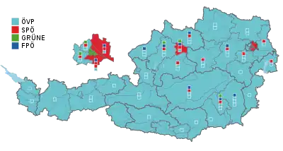 Stärkste Partei auf Ebene der Regionalwahlkreise (mit Wahlkarten)Die Kästchen zeigen im ersten Ermittlungsverfahren gewonnene Mandate (Grundmandate) an