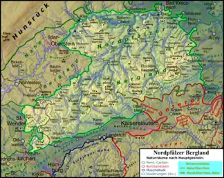 Nordpfälzer Bergland und Umgebung– 193.0–11 im Nordwesten (193.0 im äußersten Nordwesten davon eingezeichnet)– 193.12–16 vom zentralen Teil bis zum Nordosten (193.15 im äußersten Nordosten und 193.16 im Süden davon eingezeichnet)– 193.17–18 äußersten Süden (193.18 im Norden davon eingezeichnet, in 193.17 Zechsteingrenze im Südwesten gestrichelt)– 193.2 südwestlich des Zentrums– 193.3 im Südwesten (193.301 im Süden davon gestrichelt eingezeichnet)– 193.40–42 im Südosten (193.411 (N) und 193.410 (S) im Südosten davon eingezeichnet)– die flachwelligen Landschaften 193.43/44 im äußersten Südosten durch breitere Linie abgetrennt– 193.5 im östlichen Norden (193.52 eingezeichnet)– 193.6 im äußersten westlichen Süden– 193.7 im äußersten Südwesten– 196 im westlichen Norden, durch breitere Linie abgetrennt, zusätzlich eingeblendet