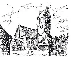 Die früher evangelische, heute römisch-katholische Pfarrkirche in
 Nidzica/Neidenburg (Zeichnung von 1943)