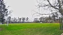 Rasenplatz, Flutlicht, Fußballtore, aufgenommen von etwas hinter einer der Ecken des Platzes. An den Rändern sind Bäume zu erkennen.