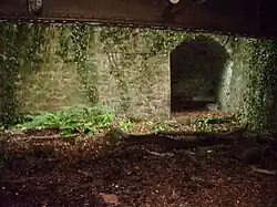 Neuleiningen-Tal, historischer Waschplatz. Im oberen Bereich die darüberführende alte Eisenbahnbrücke