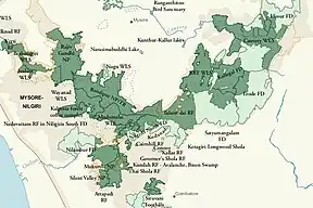 Lage des Nationalparks (hier als Rajiv Gandhi NP bezeichnet) mit anderen Schutzgebieten im Nilgiri-Biosphärenreservat