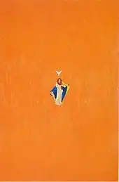 Inmitten einer orangenen Farbfläche schwebt Immaculata unter einer Taube
