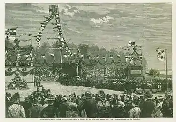 Die Grundsteinlegung des Nord-Ostsee-Kanals durch Kaiser Wilhelm II in Kiel Holtenau am 3. Juni 1887, Holzstich und Zeitschriftenillustration von Fritz Stoltenberg