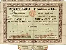 Aktie der Norsk Hydro-Elektrisk Kvælstofaktieselskab über 180 Goldkronen = 250 Francs, ausgegeben am 1. Juli 1912 in Notodden, im Original unterschrieben von Knut Agathon Wallenberg für den Verwaltungsrat