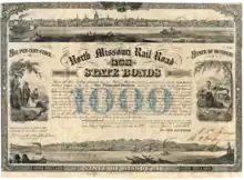 Anleihe des Staates Missouri für den Bau einer Strecke der North Missouri Railroad Company von St. Charles nach Macon, ausgegeben in Jefferson, Mo. am 3. Juni 1858, eigenhändig unterschrieben von Robert Marcellus Stewart als Gouverneur von Missouri