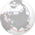 Nordostpassage (blau) und Suez-Kanal-Route (rot) Nordsee-Korea